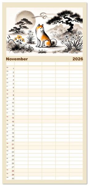Produktbild: Familienplaner 2026 - Chinesische Tierkreiszeichen - Kunstvolle KI-Tuschemalerei des Ostens mit 5 Spalten (Wandkalender, 21 x 45 cm) CALVENDO
