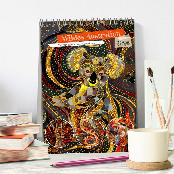 Produktbild: Wildes Australien - Tiere im Stile der Aborigine-Kunst (Tischkalender 2026 DIN A5 hoch), CALVENDO Monatskalender