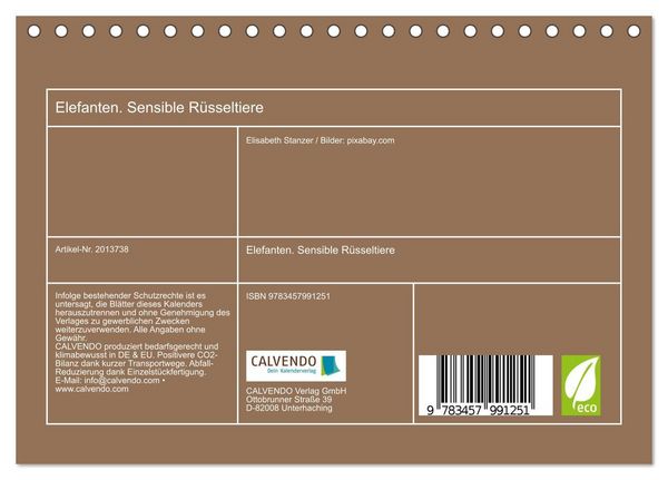 Produktbild: Elefanten. Sensible R&uuml;sseltiere (Tischkalender 2026 DIN A5 quer), CALVENDO Monatskalender