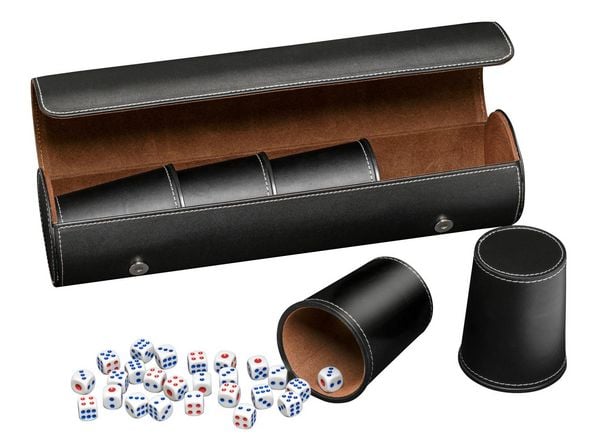 Produktbild: W&uuml;rfelbecher, 5er Set mit H&uuml;lle, schwarz, inkl. 25 W&uuml;rfel