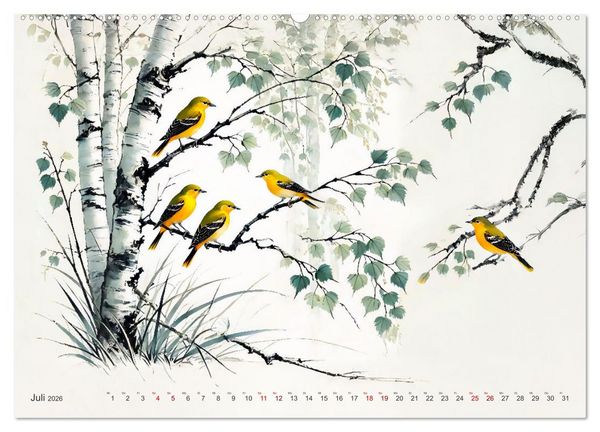 Produktbild: Federleicht - Vogelwelt im Stile asiatischer Tuschmalerei (hochwertiger Premium Wandkalender 2026 DIN A2 quer), Kunstdruck in Hochglanz