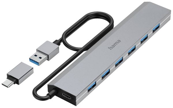 Hama 00200137 USB-Hub 7 Port USB-A USB 3.2 Gen1 5 GBit/s mit USB-C Stecker Grau