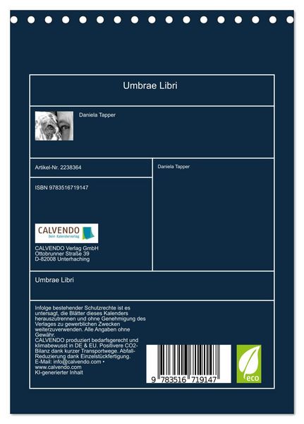 Produktbild: Umbrae Libri (Tischkalender 2026 DIN A5 hoch), CALVENDO Monatskalender