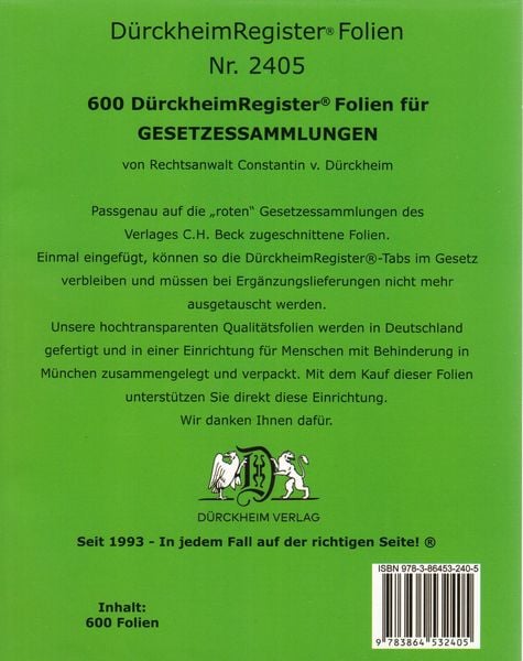 600 DürckheimRegister -FOLIEN für STEUERGESETZE u.a; zum Einheften und Unterteilen der Gesetzessammlungen, von , Dürckheim Verlag, 9783864532405