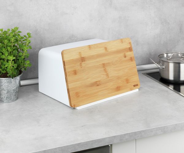 Produktbild: Brotkasten mit Bambusbrett Mod. Kubo, Wei&szlig;, mit integriertem Bambusschneidebrett