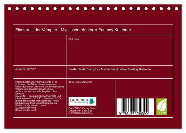 Produktbild: Finsternis der Vampire - Mystischer d&uuml;sterer Fantasy Kalender (Tischkalender 2026 DIN A5 quer), CALVENDO Monatskalender