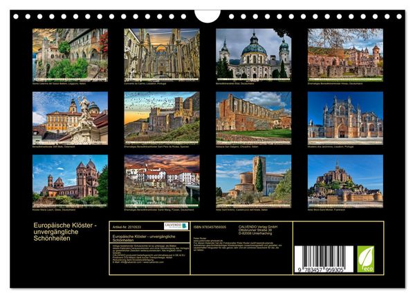 Produktbild: Europ&auml;ische Kl&ouml;ster - unverg&auml;ngliche Sch&ouml;nheiten (Wandkalender 2026 DIN A4 quer), CALVENDO Monatskalender
