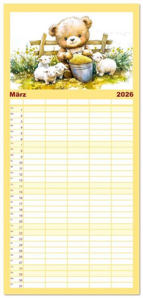 Produktbild: Familienplaner 2026 - Teddy auf dem Bauernhof - Entdecke das Landleben mit Tieren und Feldern mit 5 Spalten (Wandkalender, 21 x 45 cm) CALVENDO