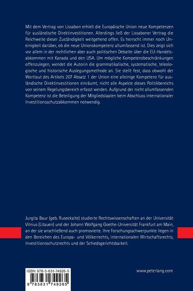 Produktbild: Die Kompetenz der Europ&auml;ischen Union f&uuml;r ausl&auml;ndische Direktinvestitionen am Beispiel der Freihandelsabkommen mit Kanada und den USA