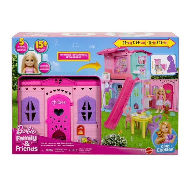 Produktbild: Barbie Chelsea Pop-up-Puppenhaus mit Puppe und über 15 Accessoires, Haus erweitert sich auf über 42 x 33 cm