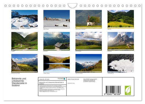 Produktbild: Bekannte und unbekannte Wanderziele in S&uuml;dtirol (Wandkalender 2026 DIN A4 quer), CALVENDO Monatskalender