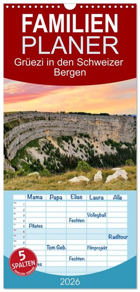 Familienplaner 2026 - Grüezi in den Schweizer Bergen mit 5 Spalten (Wandkalender, 21 x 45 cm) CALVENDO