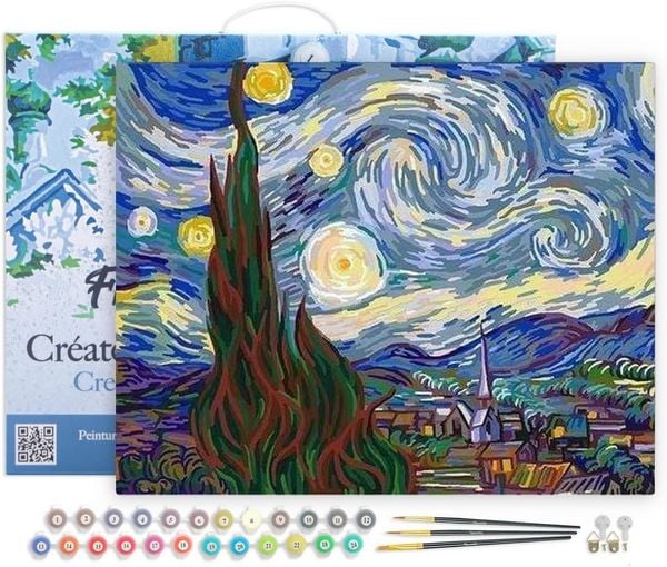 Produktbild: FiguredArt PN590-Y - Malen nach Zahlen, Sternennacht Van Gogh, Leinen-Keilrahmen (40x50cm), Malset, Paint by Numbers