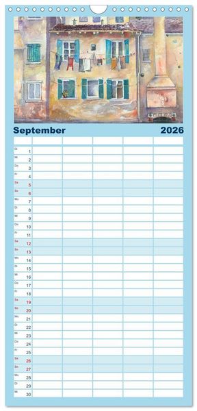 Produktbild: Familienplaner 2026 - Malerische Dorfansichten in Aquarell mit 5 Spalten (Wandkalender, 21 x 45 cm) CALVENDO