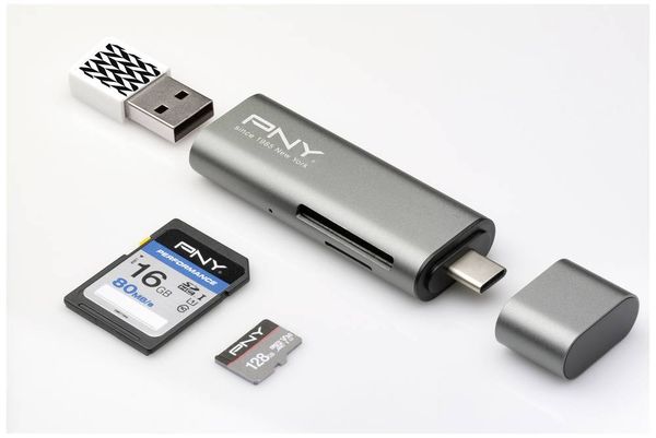 Produktbild: PNY R-TC-UA-3N1E01-RB Externer Speicherkartenleser USB-C&reg; USB 3.2 (Gen 1) Metallic