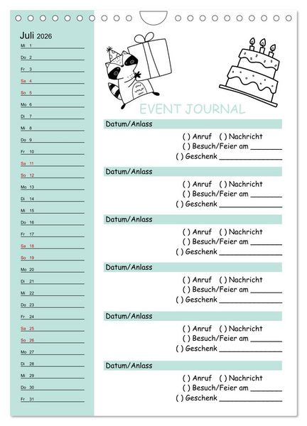 Produktbild: Geburtstagsplaner Doodle Tiere - F&uuml;r Termine, Geschenke, Eventdetails & mehr (Wandkalender 2026 DIN A4 hoch), CALVENDO Monatskalender