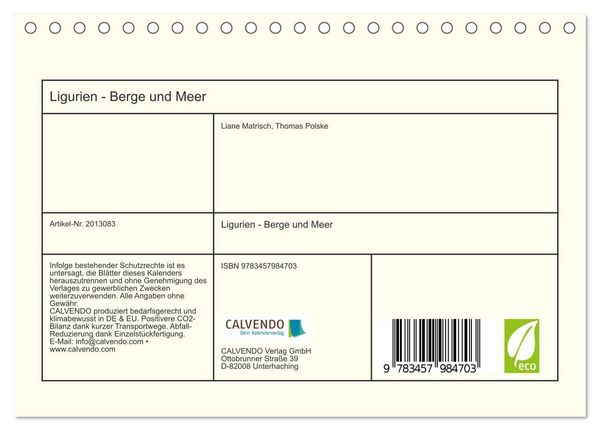 Produktbild: Ligurien - Berge und Meer (Tischkalender 2026 DIN A5 quer), CALVENDO Monatskalender