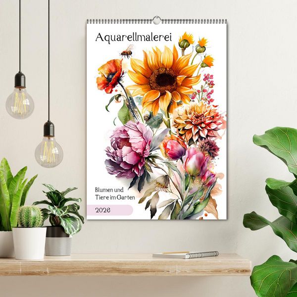 Produktbild: Aquarellmalerei - Blumen und Tiere im Garten (Wandkalender 2026 DIN A2 hoch), CALVENDO Monatskalender