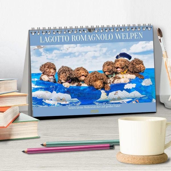 Produktbild: Lagotto Romagnolo Welpen - Sieben kleine Weltentdecker auf gro&szlig;er Fahrt (Tischkalender 2026 DIN A5 quer), CALVENDO Monatskalender