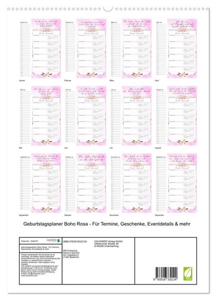 Produktbild: Geburtstagsplaner Boho Rosa - F&uuml;r Termine, Geschenke, Eventdetails & mehr (hochwertiger Premium Wandkalender 2026 DIN A2 hoch), Kunstdruck in Hochglanz