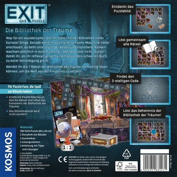 KOSMOS 684471 - EXIT Das Puzzle, Die Bibliothek der Träume, 500 Teile mit Story und 7 Rätseln