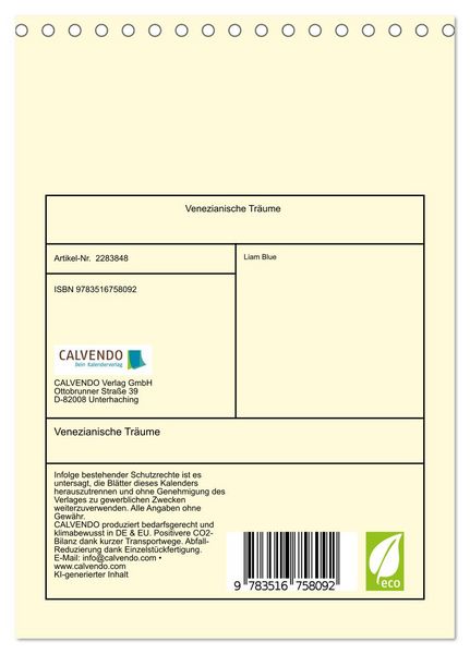 Produktbild: Venezianische Tr&auml;ume (Tischkalender 2027 DIN A5 hoch), CALVENDO Monatskalender