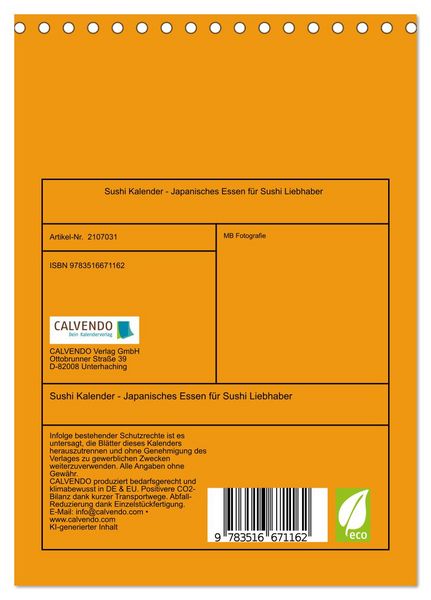 Produktbild: Sushi Kalender - Japanisches Essen f&uuml;r Sushi Liebhaber (Tischkalender 2026 DIN A5 hoch), CALVENDO Monatskalender