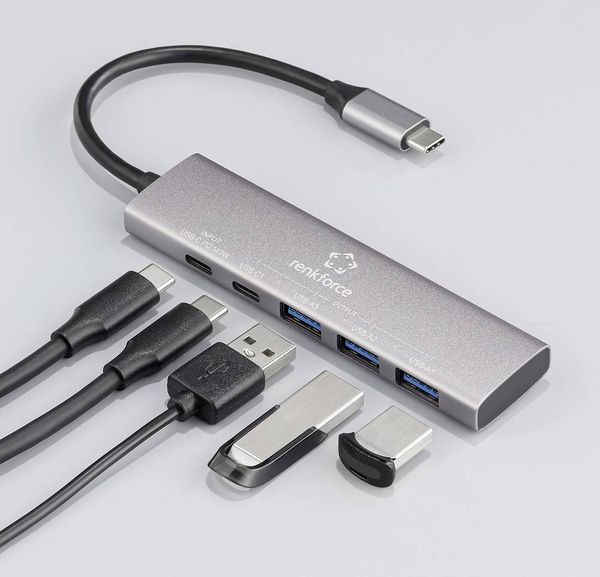 Produktbild: Renkforce RF-6676604 USB-Hub 3+1 Port USB-A, USB-C&reg; USB 3.2 Gen1 5 GBit/s mit Aluminiumgeh&auml;use, USB-C&reg; PD Ladeanschluss Grau RF-USBH-300