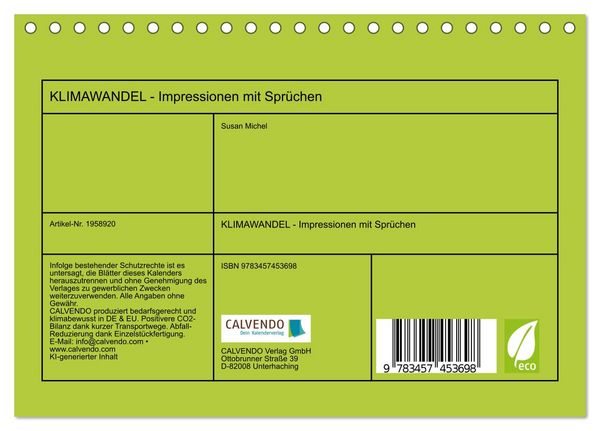 Produktbild: KLIMAWANDEL - Impressionen mit Spr&uuml;chen (Tischkalender 2026 DIN A5 quer), CALVENDO Monatskalender