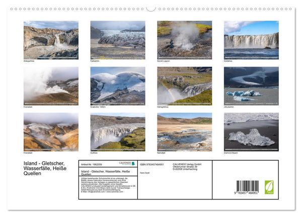 Produktbild: Island - Gletscher, Wasserf&auml;lle, Hei&szlig;e Quellen (hochwertiger Premium Wandkalender 2026 DIN A2 quer), Kunstdruck in Hochglanz