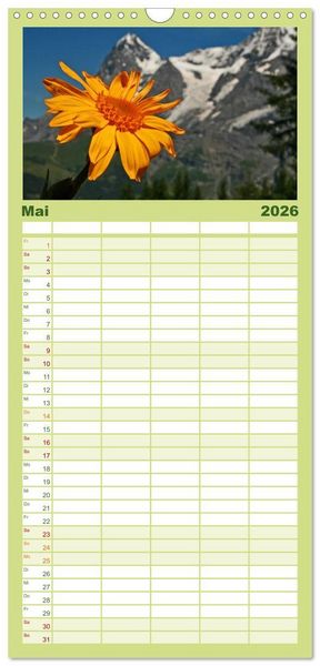 Produktbild: Familienplaner 2026 - Zauber der Berge. Die Schweizer Alpen mit 5 Spalten (Wandkalender, 21 x 45 cm) CALVENDO