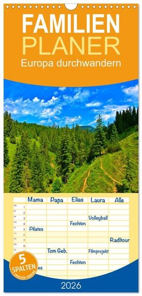 Produktbild: Familienplaner 2026 - Europa durchwandern mit 5 Spalten (Wandkalender, 21 x 45 cm) CALVENDO