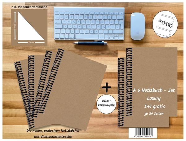 Produktbild: A 6 Notizbuch - Set, 5+1 gratis, Luxury 80 Seiten MUSKAT Designerecycling, to do