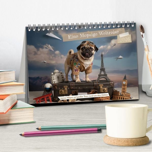 Produktbild: Eine Mopsige Weltreise (Tischkalender 2026 DIN A5 quer), CALVENDO Monatskalender