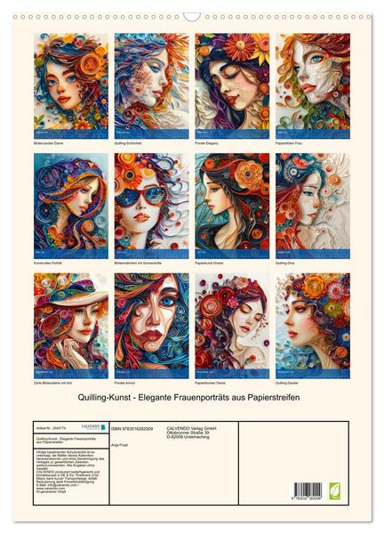 Produktbild: Quilling-Kunst - Elegante Frauenportr&auml;ts aus Papierstreifen (Wandkalender 2026 DIN A2 hoch), CALVENDO Monatskalender