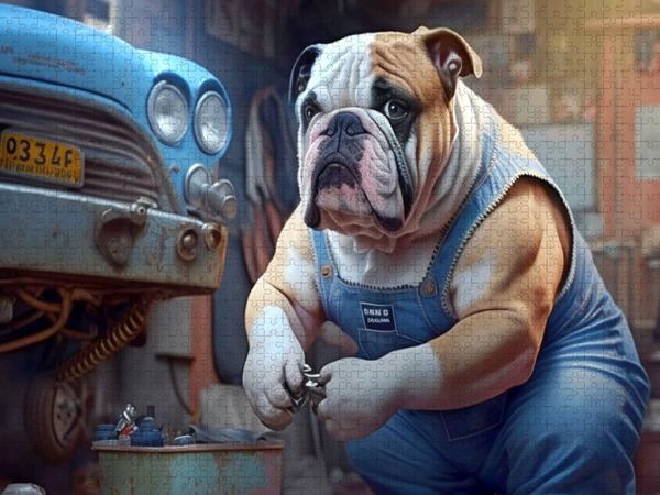 Produktbild: CALVENDO Puzzle Bulldogge als Automechaniker | 1000 Teile Lege-Gr&ouml;&szlig;e 64x48cm Foto-Puzzle f&uuml;r gl&uuml;ckliche Stunden