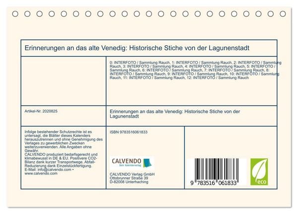 Produktbild: Erinnerungen an das alte Venedig: Historische Stiche von der Lagunenstadt (Tischkalender 2026 DIN A5 quer), CALVENDO Monatskalender