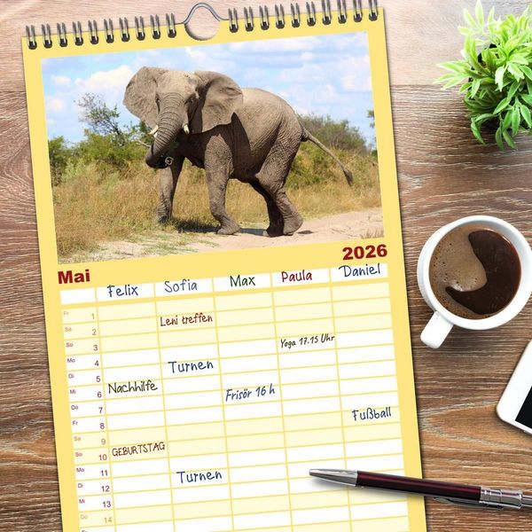Produktbild: Familienplaner 2026 - Elefanten in Afrika mit 5 Spalten (Wandkalender, 21 x 45 cm) CALVENDO