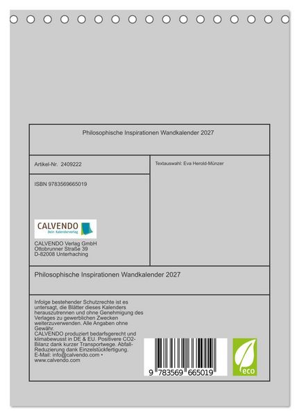 Produktbild: Philosophische Inspirationen Wandkalender 2027 (Tischkalender 2027 DIN A5 hoch), CALVENDO Monatskalender