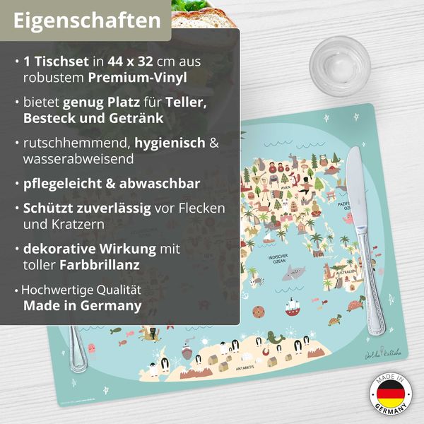 Produktbild: Tischsetmacher Tischset f&uuml;r Kinder Weltkarte in blau mit Tieren in deutsch, aus hochwertigem Vinyl , 44 x 32 cm