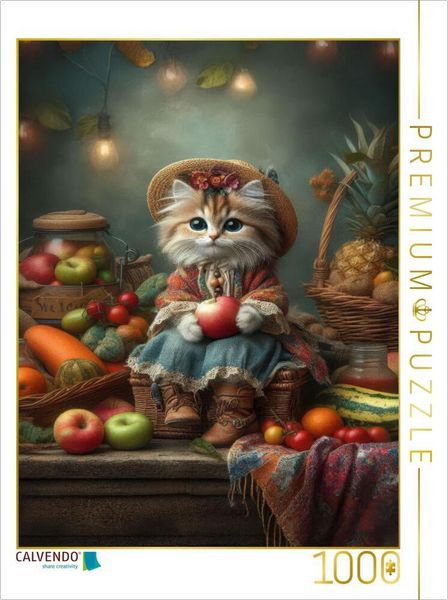 Produktbild: CALVENDO Puzzle Frisches Obst und Gem&uuml;se nach Landfrauenart bietet diese kleine Katze an | 1000 Teile Lege-Gr&ouml;&szlig;e 64x48cm Foto-Puzzle f&uuml;r gl&uuml;ckliche St