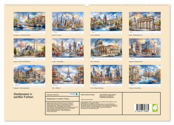 Produktbild: Stadtpoesie in sanften Farben (hochwertiger Premium Wandkalender 2026 DIN A2 quer), Kunstdruck in Hochglanz