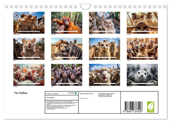 Produktbild: Tier Selfies (Wandkalender 2026 DIN A4 quer), CALVENDO Monatskalender