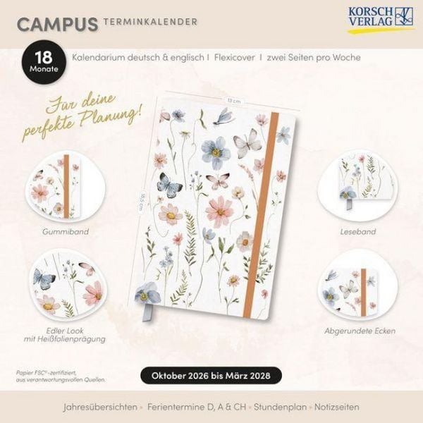 Produktbild: Terminkalender Campus Schmetterlinge 18 Monate 2027/2028