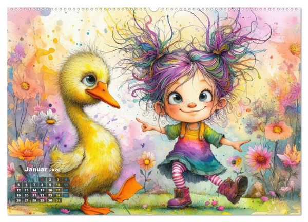 Produktbild: Kunterbunte Freundschaften - Fr&ouml;hliche M&auml;dchen und ihre tierischen Freunde (hochwertiger Premium Wandkalender 2026 DIN A2 quer), Kunstdruck in Hochglanz
