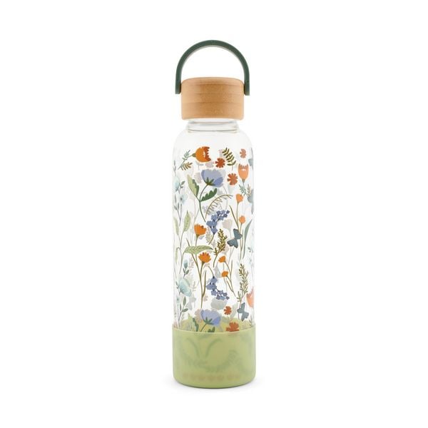 Trinkflasche aus Glas mit Silikoncover, 'Green Meadow'
