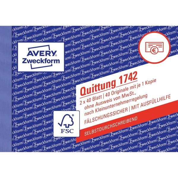 Produktbild: AVERY Zweckform Quittung Kleinunternehmer selbstdurchschreibend DIN A6 quer 2x40