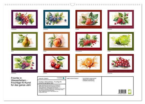 Produktbild: Fr&uuml;chte in Wasserfarben - Fruchtige KI-Kunst f&uuml;r das ganze Jahr (Wandkalender 2026 DIN A2 quer), CALVENDO Monatskalender