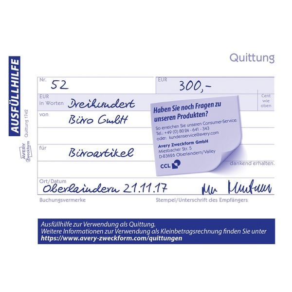 Produktbild: AVERY Zweckform Quittung Kleinunternehmer selbstdurchschreibend DIN A6 quer 2x40