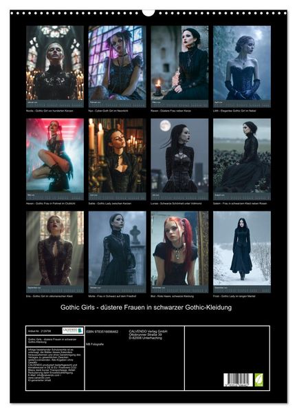 Produktbild: Gothic Girls - d&uuml;stere Frauen in schwarzer Gothic-Kleidung (Wandkalender 2026 DIN A2 hoch), CALVENDO Monatskalender